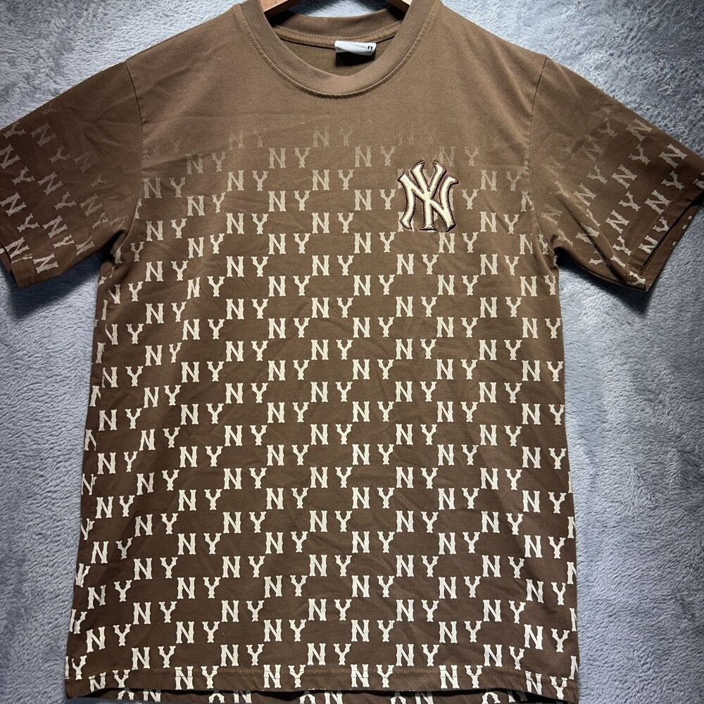 New York Yankees Shirt Youth Large Brown MLB Baseball Allover NY Logo Tee